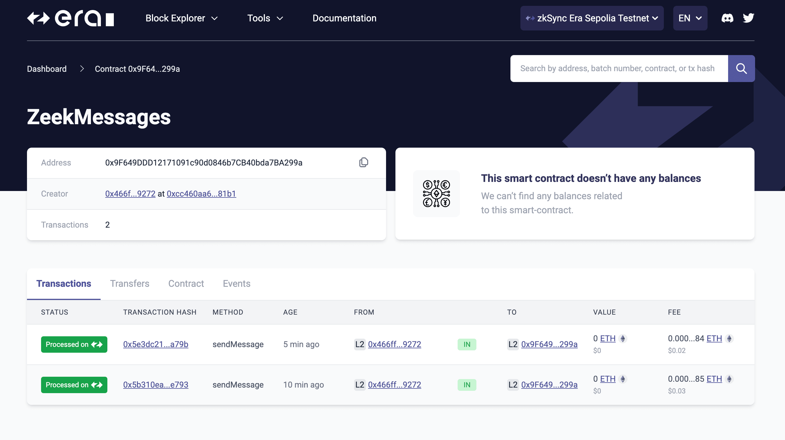 Contract in ZKsync explorer