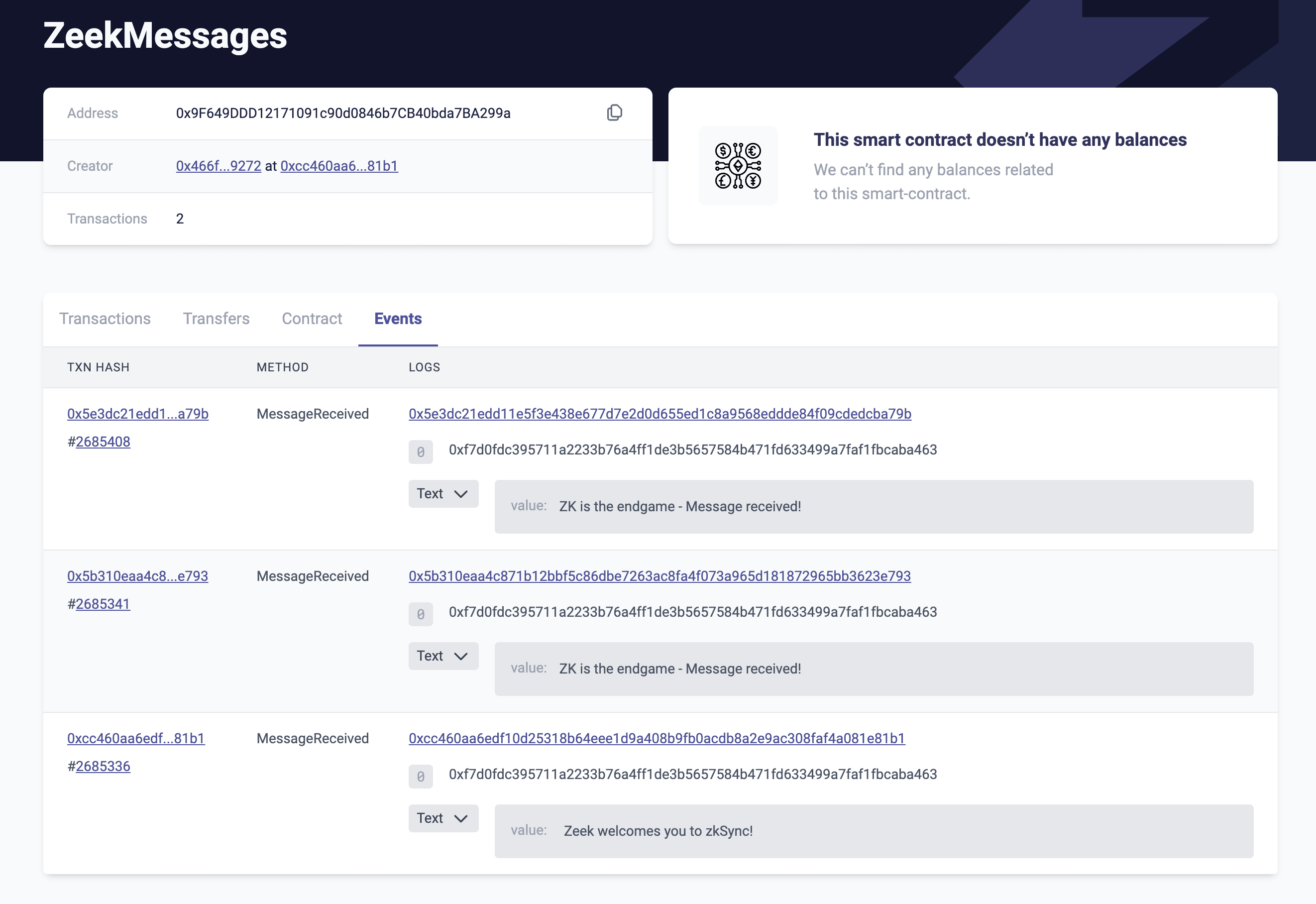 Contract events in ZKsync explorer