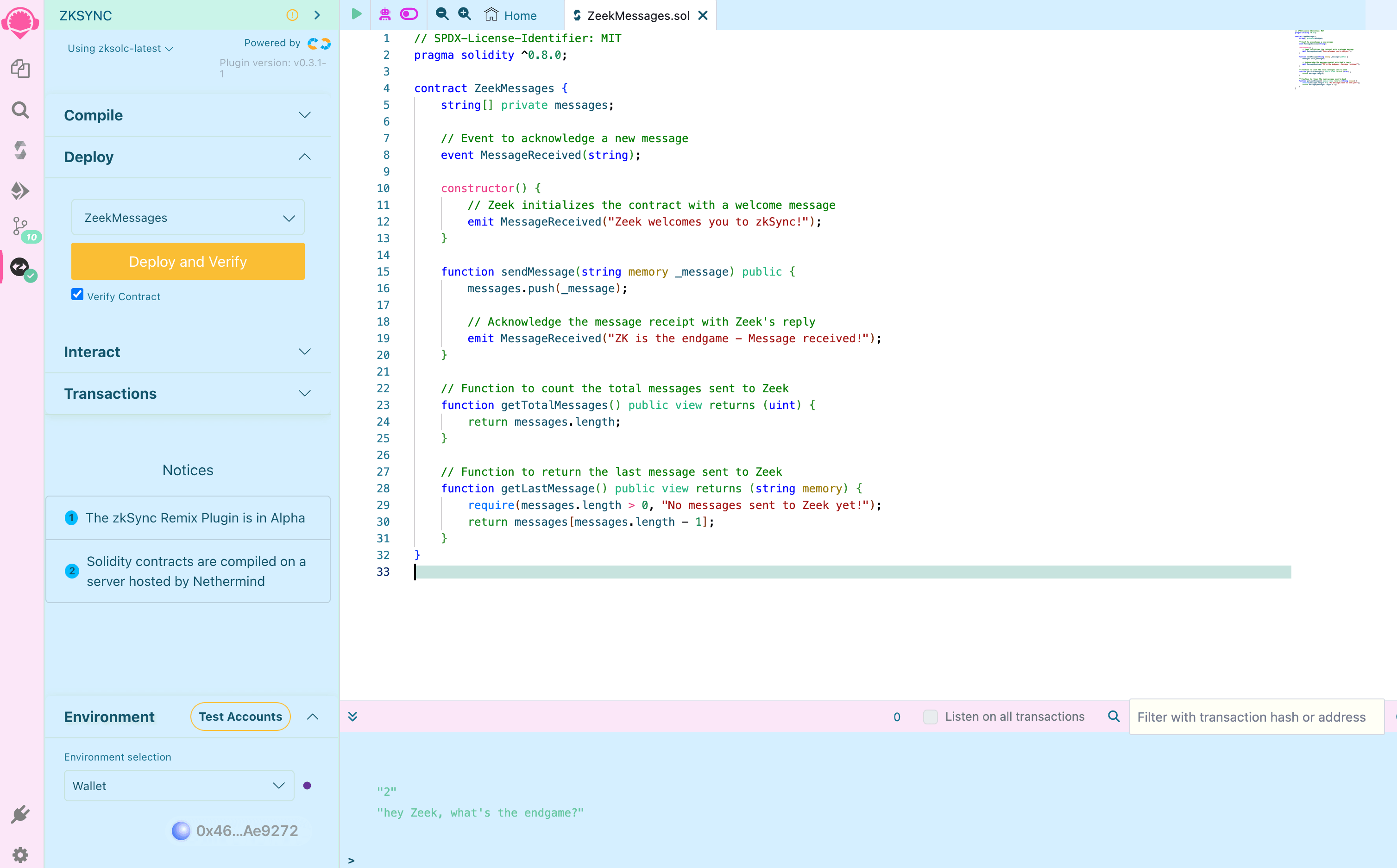 Remix interact ZKsync contract