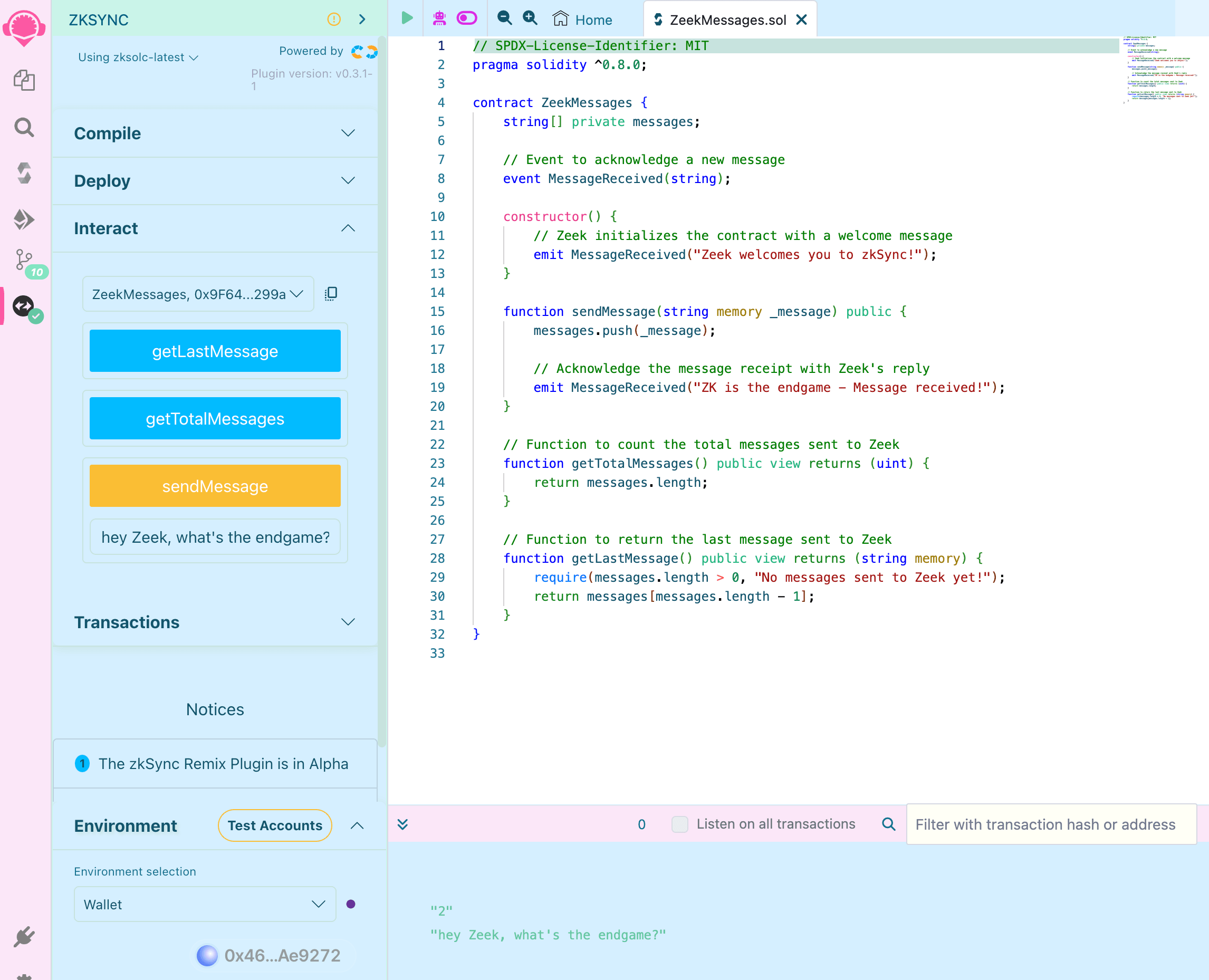 Remix interact ZKsync contract