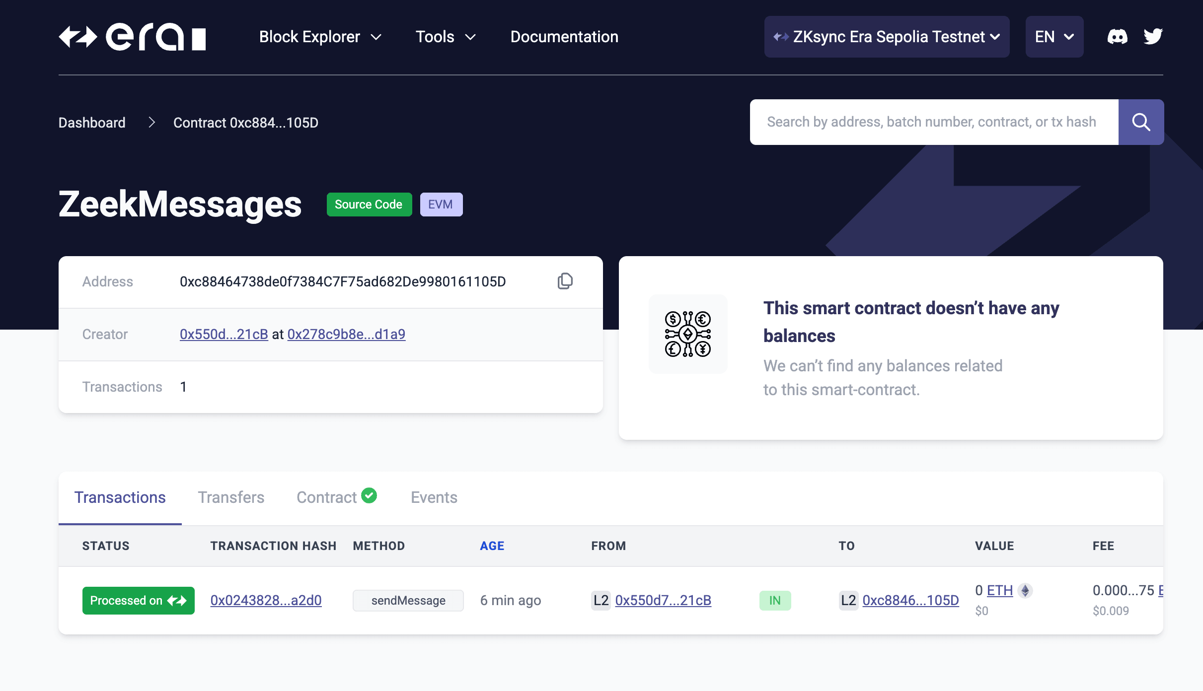Contract in ZKsync explorer