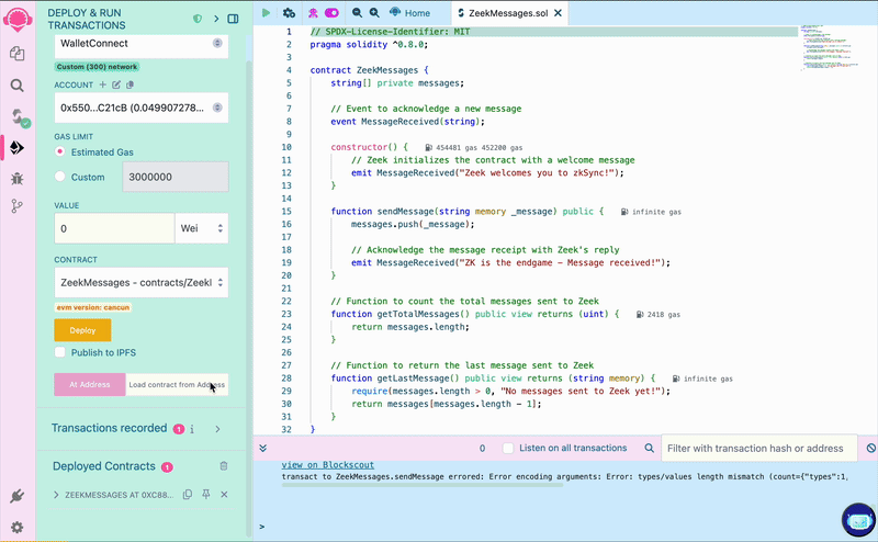 Remix interact ZKsync contract